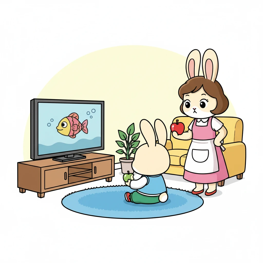 画面：小耳朵专心致志地看着电视，妈妈站在旁边，手里拿着一个苹果，一脸无奈。