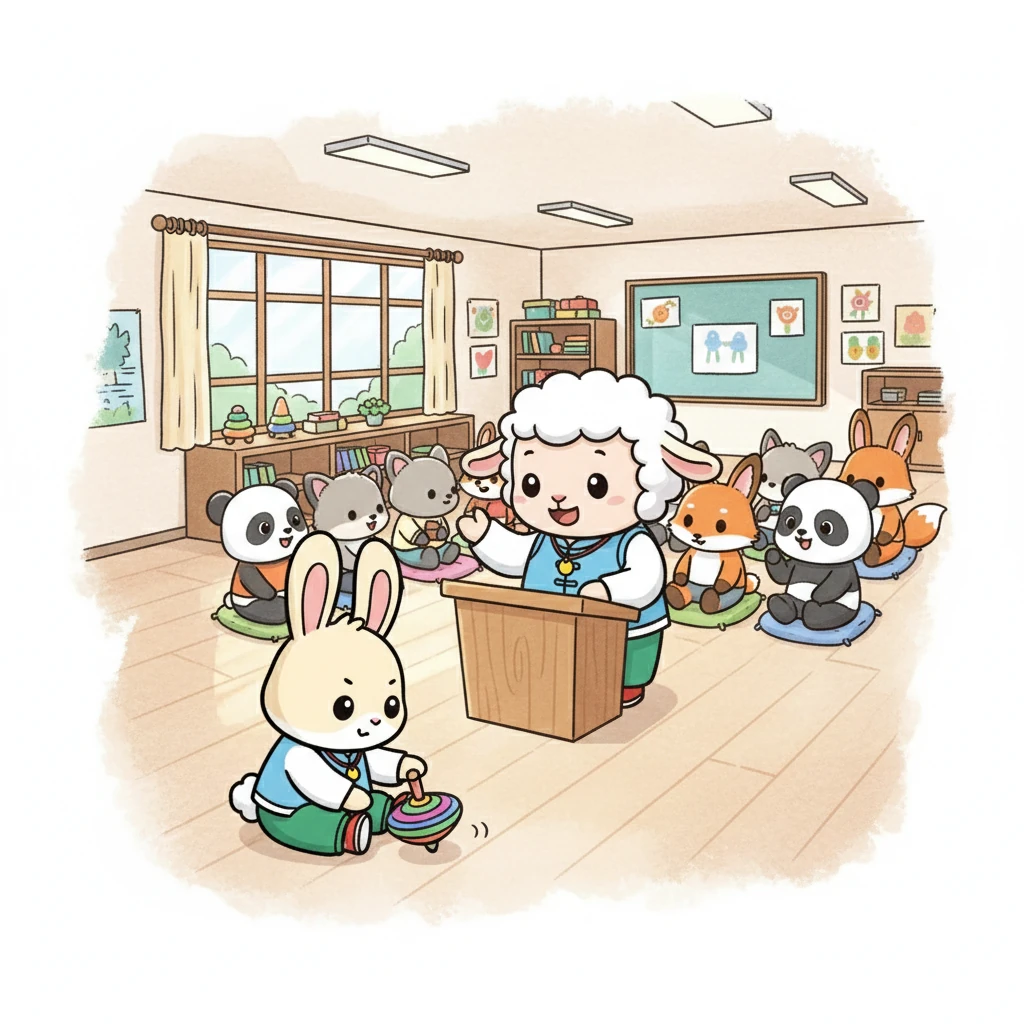 画面：幼儿园教室里，羊老师在讲台上讲课，小耳朵坐在下面玩着玩具，其他小朋友都在认真听讲。