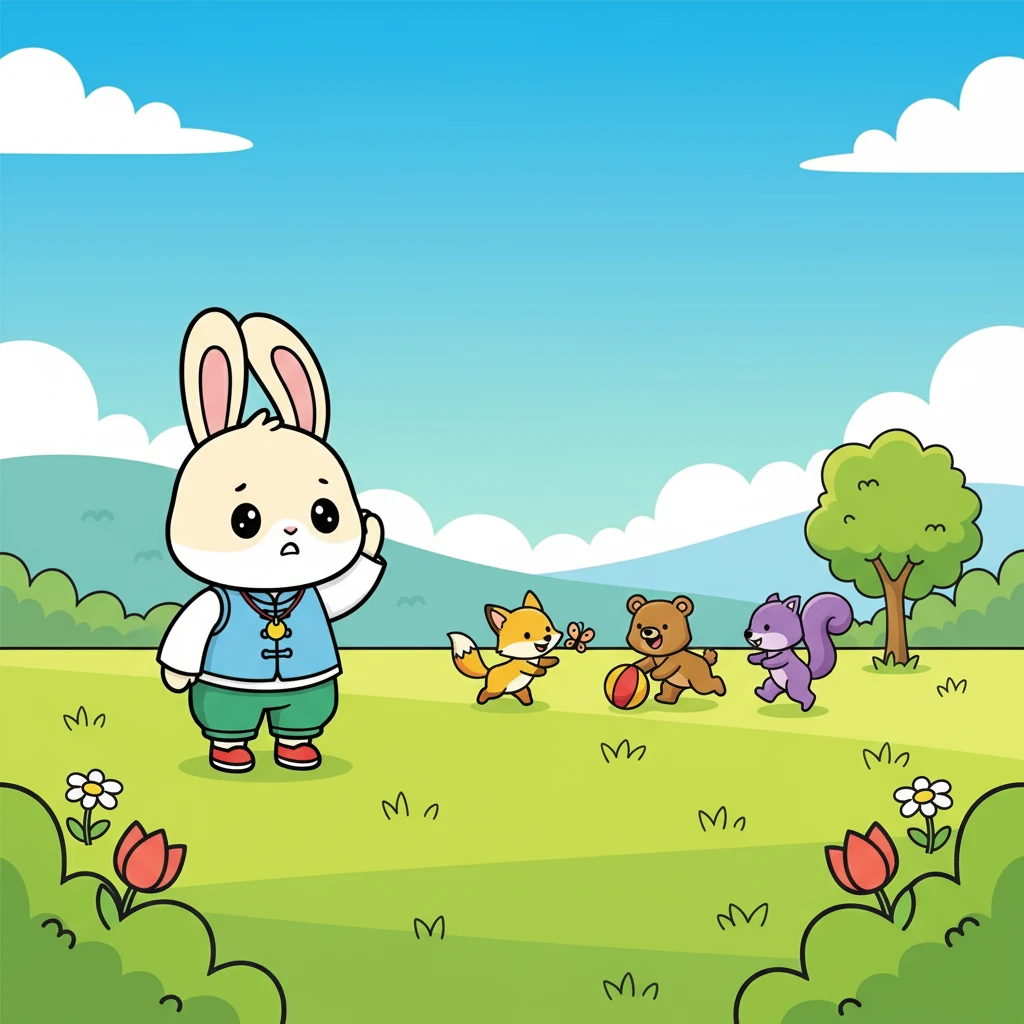 画面：一群小动物在草地上玩耍，小耳朵站在旁边，一脸茫然地看着小伙伴们。