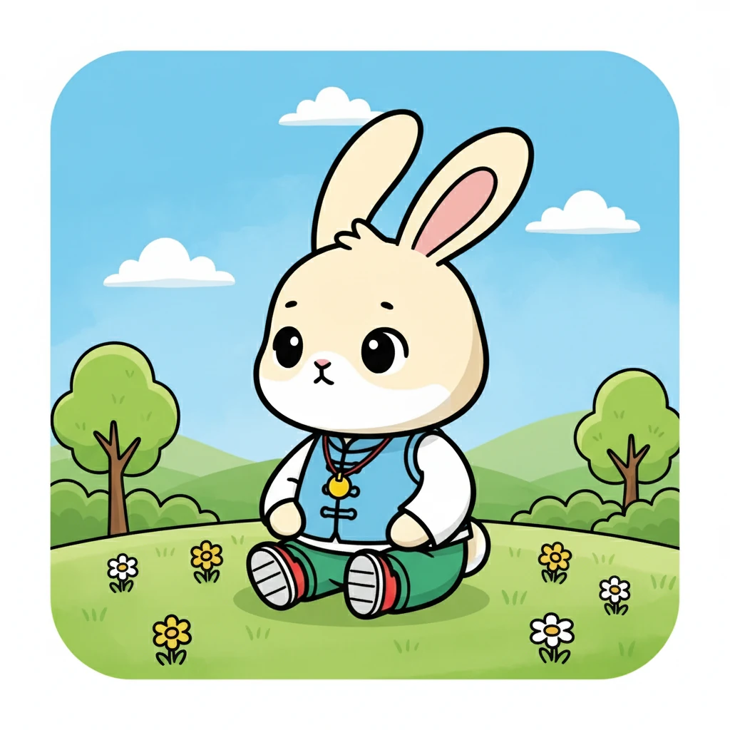 画面：小耳朵坐在草地上，两只耳朵竖得直直的，努力地听着周围的声音。