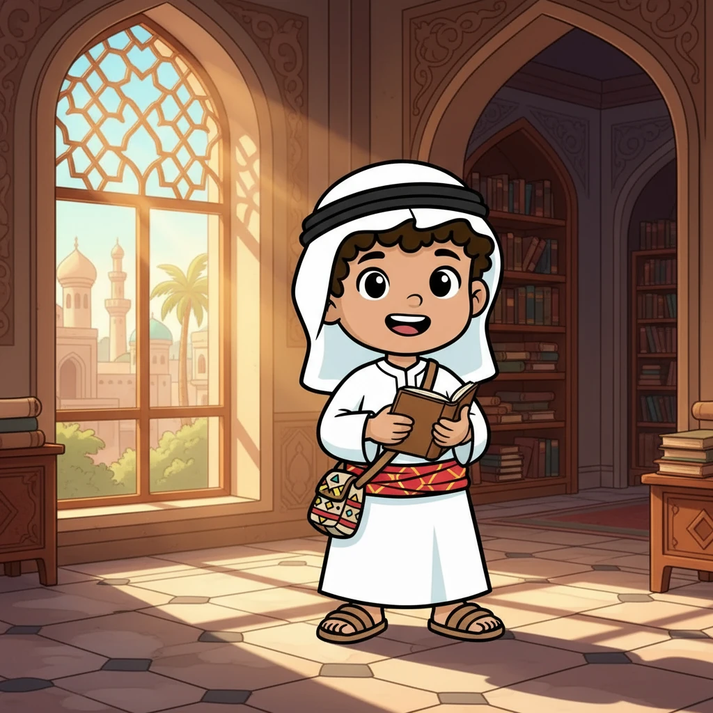 في صباح مشرق في بغداد، استيقظ فارس، وهو فتى شاب ذو عيون فضولية وشغف كبير بالمعرفة. كان يحلم دائمًا بزيارة بيت الحكمة، مركز العلم والثقافة في المدينة. ارتدى فارس ملابسه، وأخذ معه دفتر ملاحظاته الصغير، مستعدًا ليوم مليء بالمغامرات.