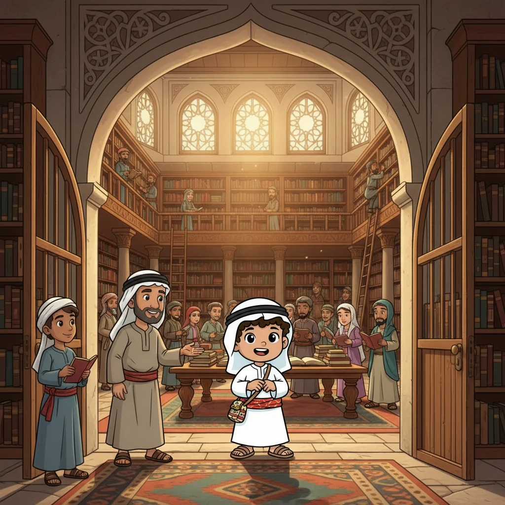 وصل فارس إلى بيت الحكمة، حيث استقبله حارس البوابة بابتسامة. رأى فارس مكتبة ضخمة مليئة بالكتب، والعلماء من جميع أنحاء العالم، وهم يتبادلون الأفكار ويناقشون العلوم المختلفة. شعر فارس بالإثارة والدهشة، وهو يتجول بين الكتب والمخطوطات.