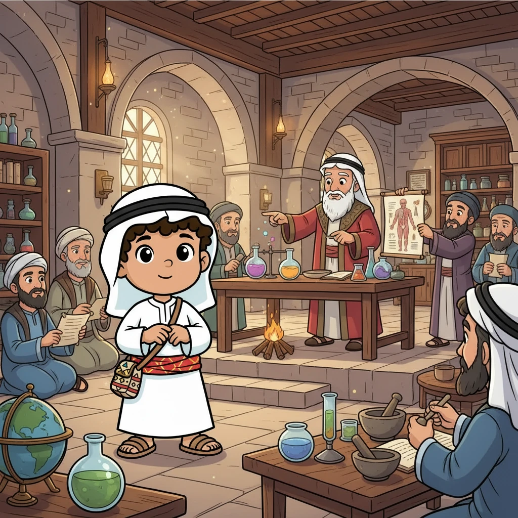 دخل فارس قاعة المحاضرات، وشاهد العلماء يشرحون النظريات العلمية، ويجرون التجارب. استمع فارس بانتباه إلى شرح العالم ابن سينا، عن الطب، وكيفية علاج الأمراض. أدرك فارس أهمية العلم في تحسين حياة الناس.