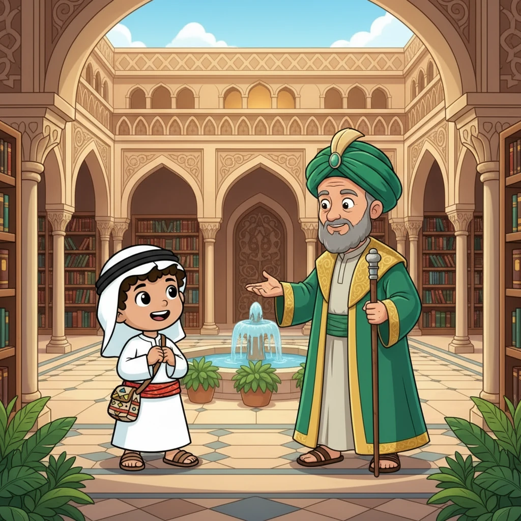 في ساحة بيت الحكمة، التقى فارس بالخليفة هارون الرشيد، الذي كان يدعم العلم والعلماء. تحدث الخليفة مع فارس عن أهمية التعلم، وشجعه على مواصلة شغفه بالعلوم. شعر فارس بالفخر والاعتزاز، وهو يقف أمام الخليفة.