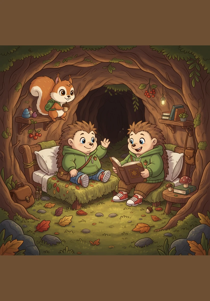 In a cozy, leaf-filled burrow at the forest's edge, a little hedgehog named Böki lives with his parents. The den is filled with soft moss, warm lighting, and the comforting smell of the woods.