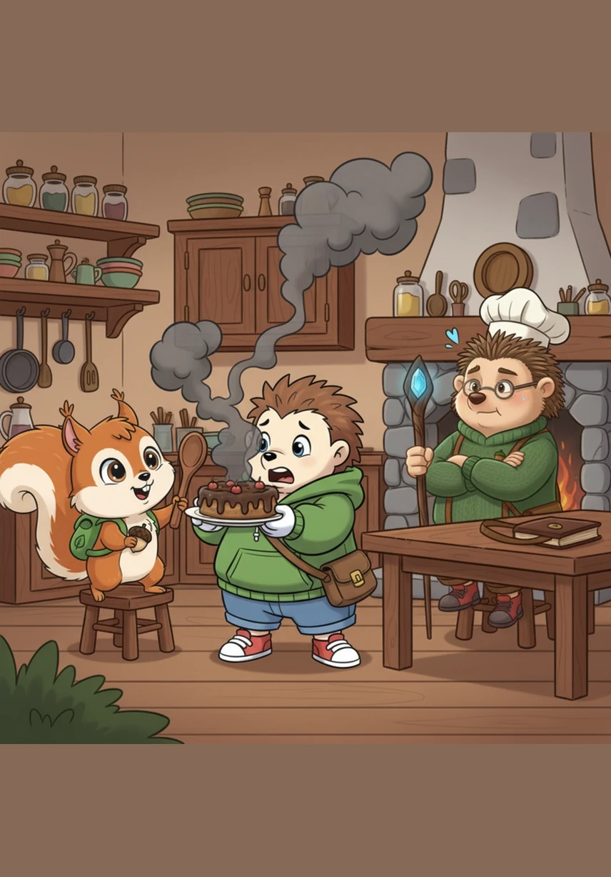 Smoke rises in the kitchen as Böki’s breakfast gets a little too crispy in the pan. He eats the burnt meal with a determined face, refusing to admit that it doesn't taste very good.