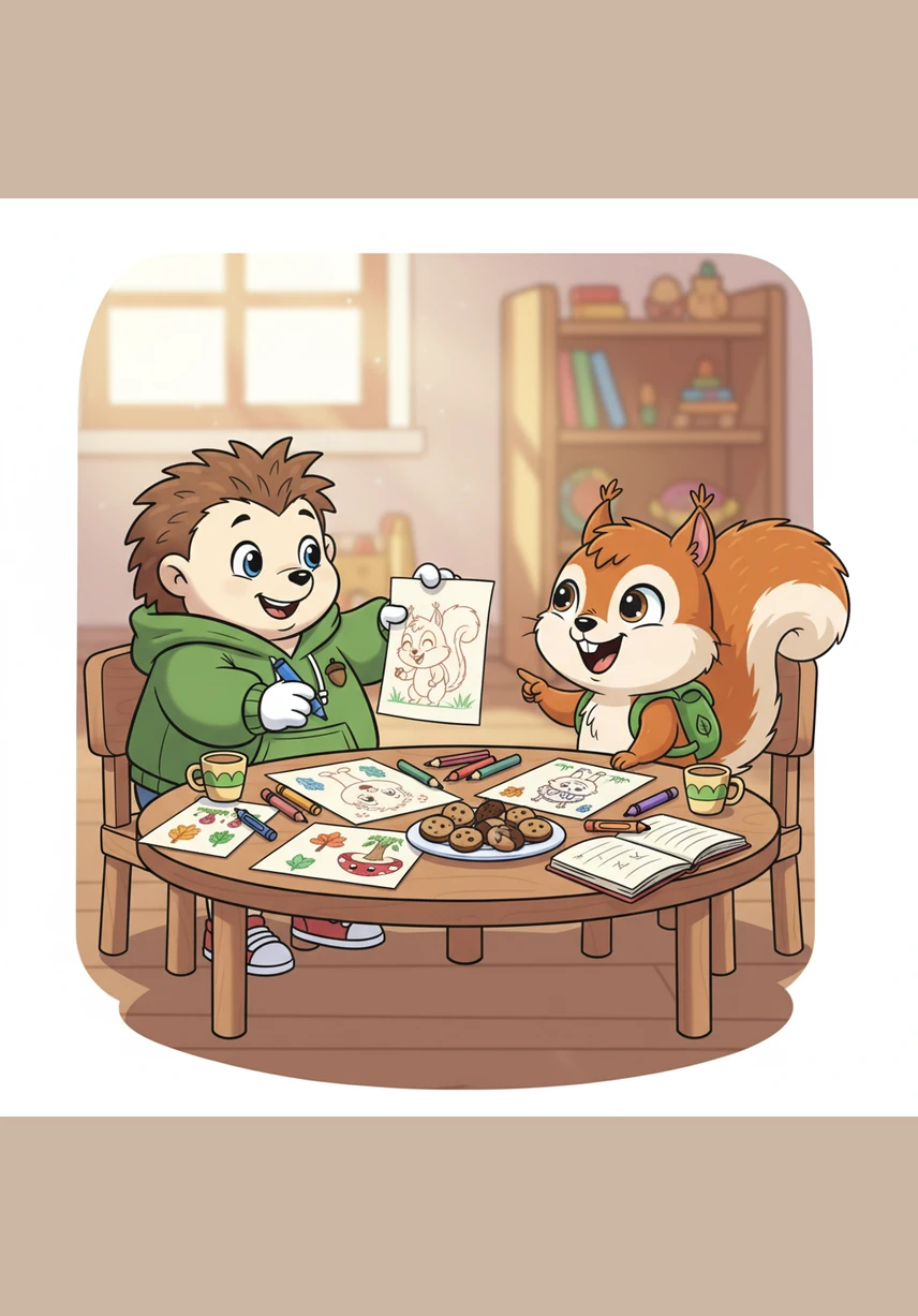 During drawing time, Böki sits next to his best friend, a little squirrel named Fürge. Fürge offers to share his bright set of colors, but Böki stubbornly shakes his head and says he will only use his own.