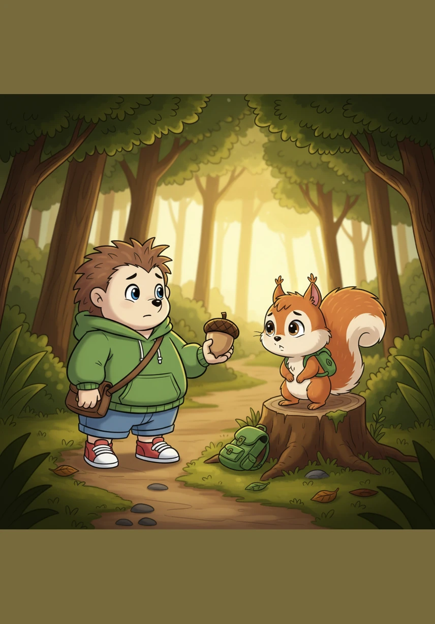 Böki’s drawing turns into a giant, dark brown smudge as all his colors mix together on the damp paper. He looks at his ruined work with sadness while Fürge creates a beautiful, vibrant forest scene right next to him.