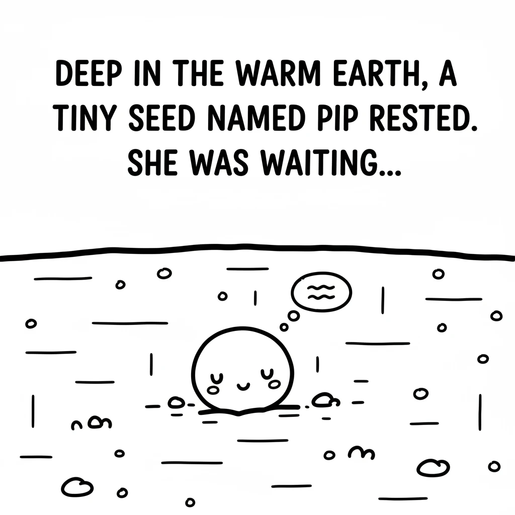 Deep in the dark, warm earth, a tiny, round seed named Pip rested quietly. She was waiting for her big adventure to begin.