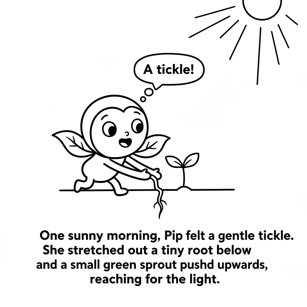 One sunny morning, Pip felt a gentle tickle. She stretched out a tiny root below and a small green sprout pushed upwards, reaching for the light.