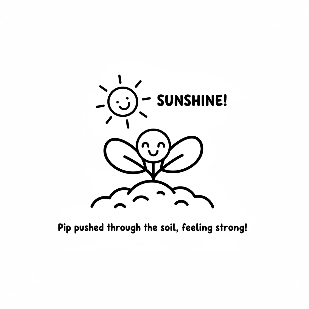 Pip pushed through the soft soil, a little green seedling with two happy leaves. She soaked up the warm sunshine, feeling strong and ready to grow.