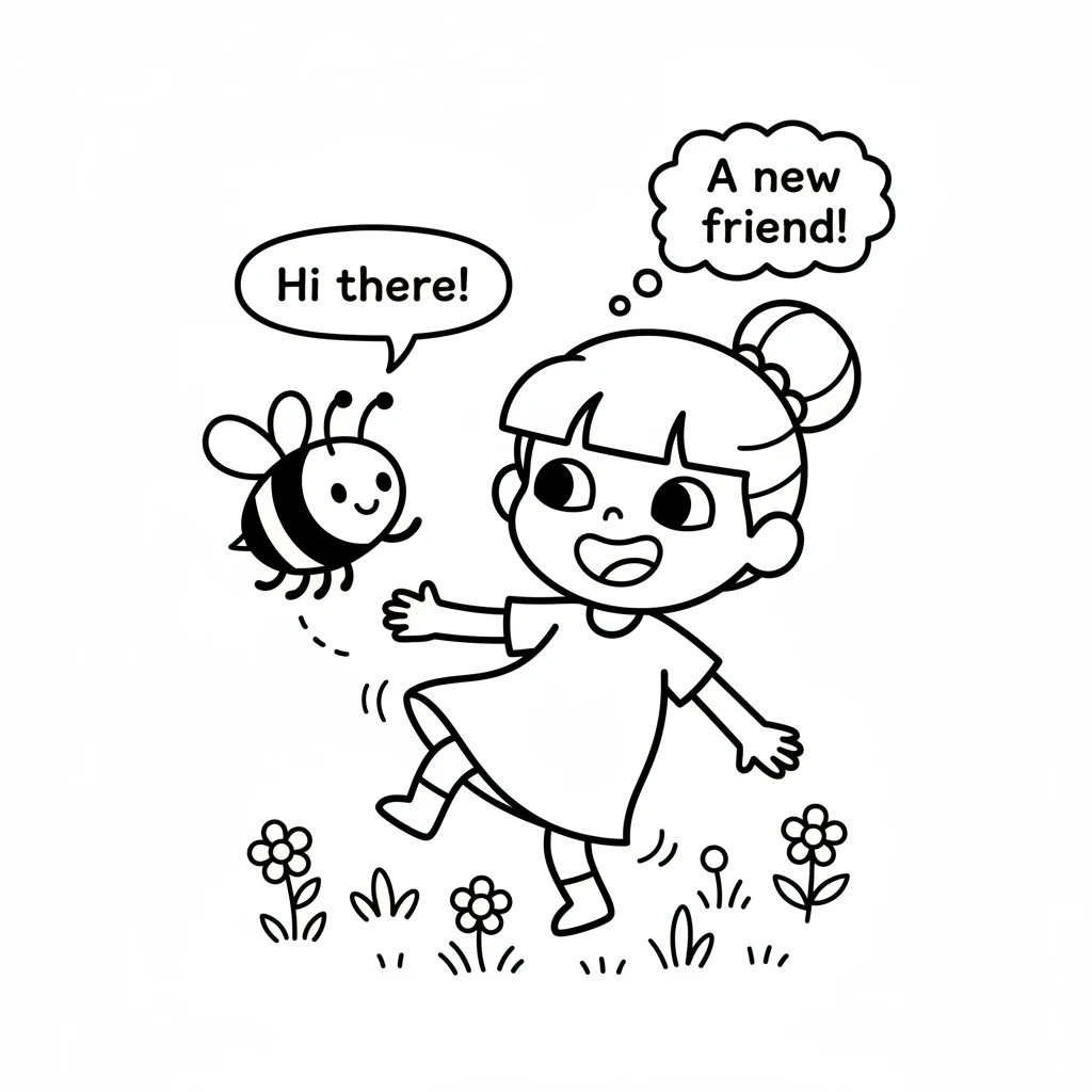 A friendly, busy bee with simple wings buzzed by, waving a tiny leg. Pip swayed gently, happy to have a new friend in the garden.