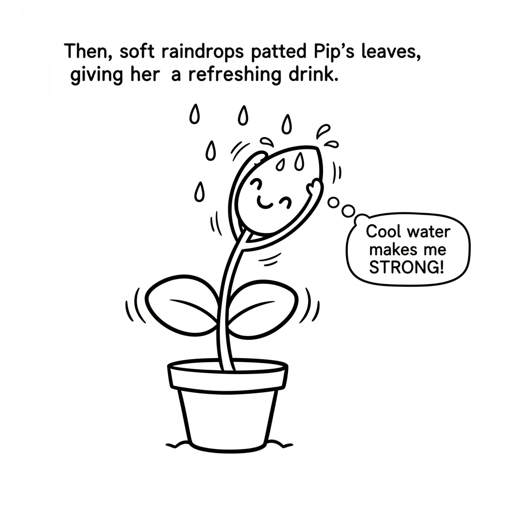 Then, soft raindrops patted Pip's leaves, giving her a refreshing drink. She stretched even taller, feeling the cool water make her strong.