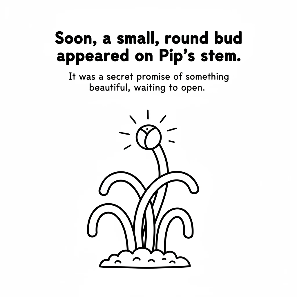 Soon, a small, round bud appeared on Pip's stem. It was a secret promise of something beautiful, waiting to open.