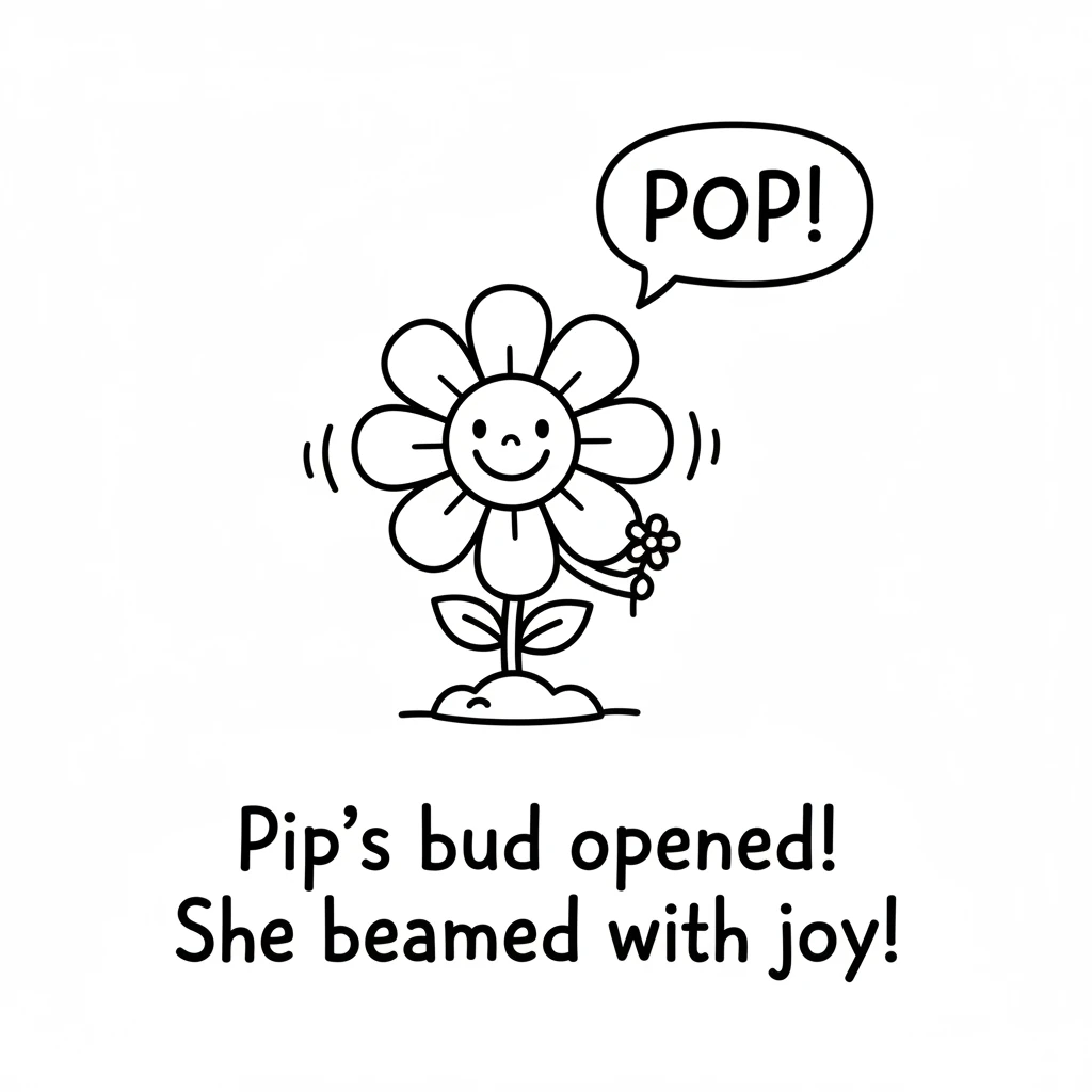 Pop! Pip's bud slowly opened, revealing bright, cheerful petals. She was a beautiful flower, beaming with joy and color.