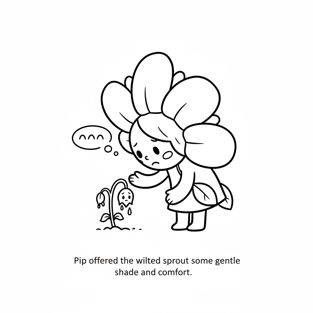 Pip noticed a tiny, wilted sprout nearby, looking a little sad. She gently leaned her petals towards it, offering a little shade and comfort.