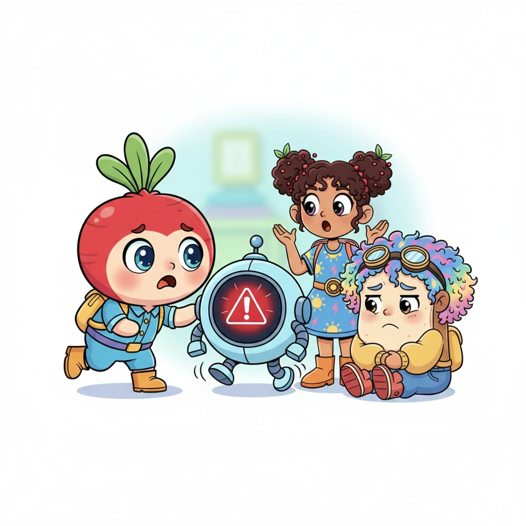 Mornie the Morning Machine, a cute, round gadget with big, blinking eyes, wiggles nervously as its screen flashes a bright red "⚠ SYSTEM INCOMPLETE" warning. Rosy the Radish, Pip the Pomegranate, and Sammy the Sandwich huddle close, their simplified, expressive faces showing clear worry for their friend.