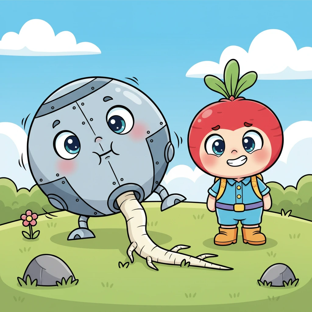 Mornie wobbles dramatically from side to side, its round body almost tipping over, looking very unsure. Rosy the Radish, with a determined grin, stretches her incredibly long, white root far downward, ready to anchor the machine firmly to the ground.
