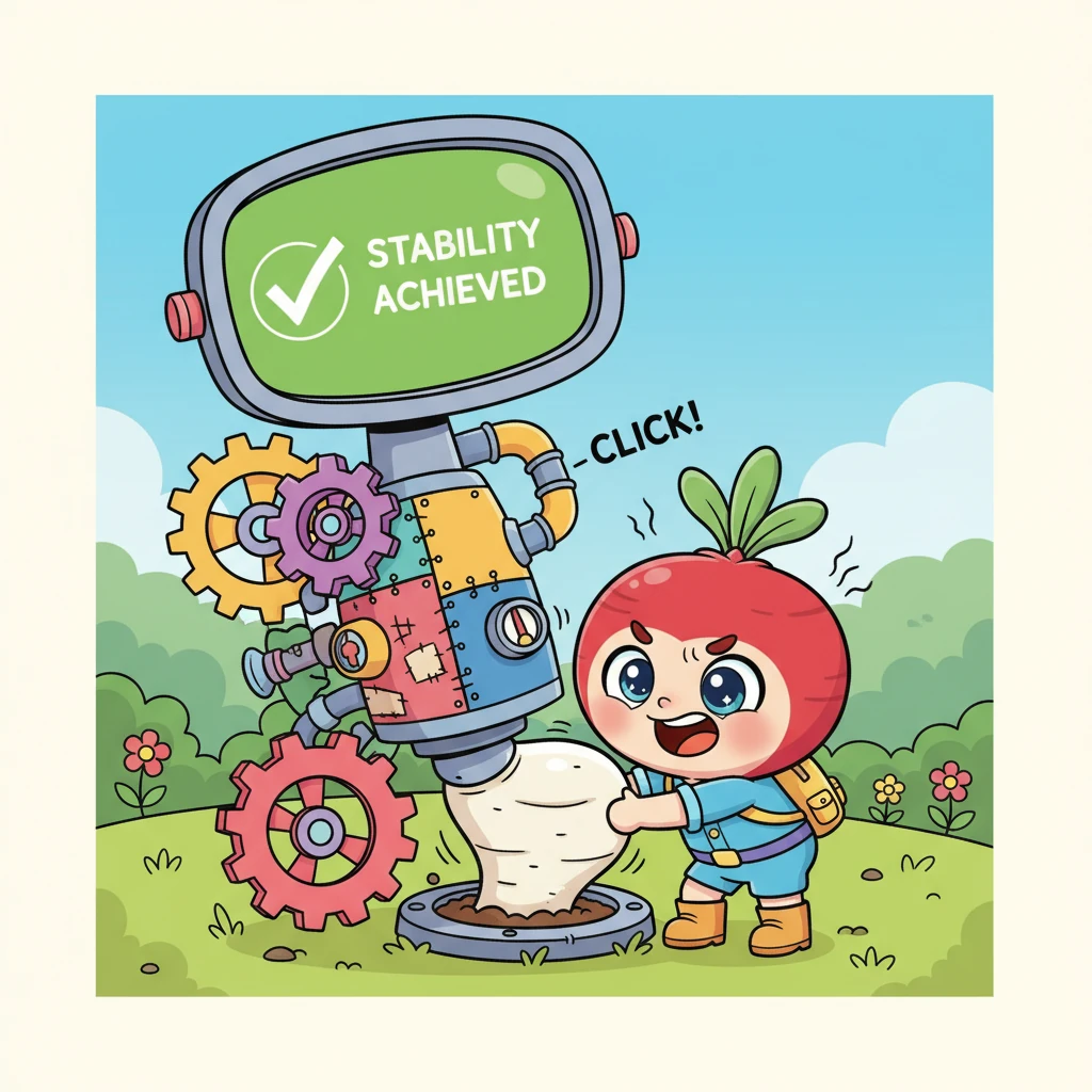 With a mighty push, Rosy the Radish plunges her sturdy root deep into a specially designed soil slot at the base of Mornie. A satisfying "CLICK!" sound echoes, and instantly, all the machine's wobbly movements cease, its screen proudly displaying a big, green "✔ STABILITY ACHIEVED".