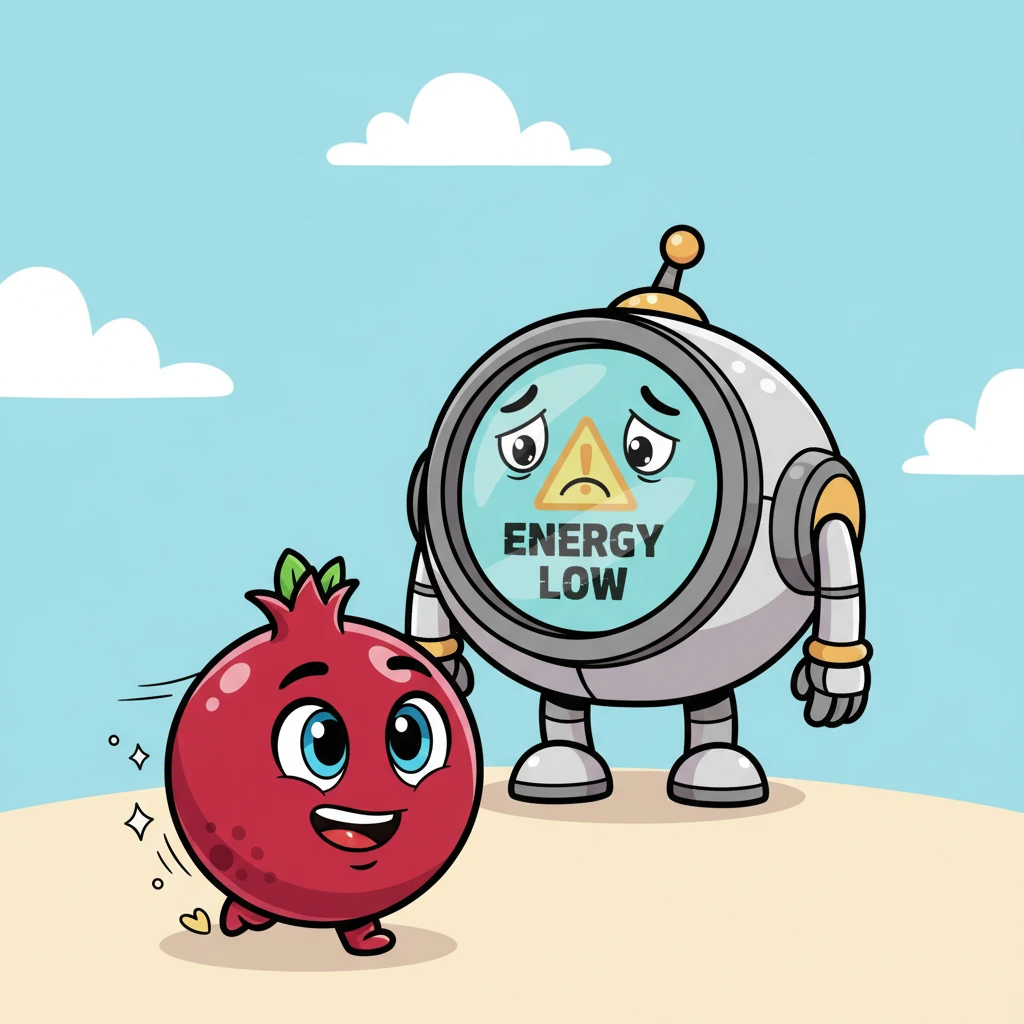Suddenly, Mornie's cheerful lights dim, and its screen blinks with a dire "⚠ ENERGY LOW" message, making it look a little sad. Pip the Pomegranate, a bright, ruby-red sphere, rolls forward with an eager, confident smile, ready to help.