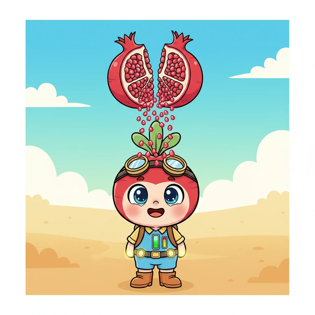Pip the Pomegranate gently splits open, revealing a treasure trove of hundreds of tiny, glistening ruby seeds that cascade perfectly into empty energy slots on Mornie's side. Each slot glows warmly as a seed settles in, and the energy meter quickly fills up, signaling "✔ ENERGY RESTORED".