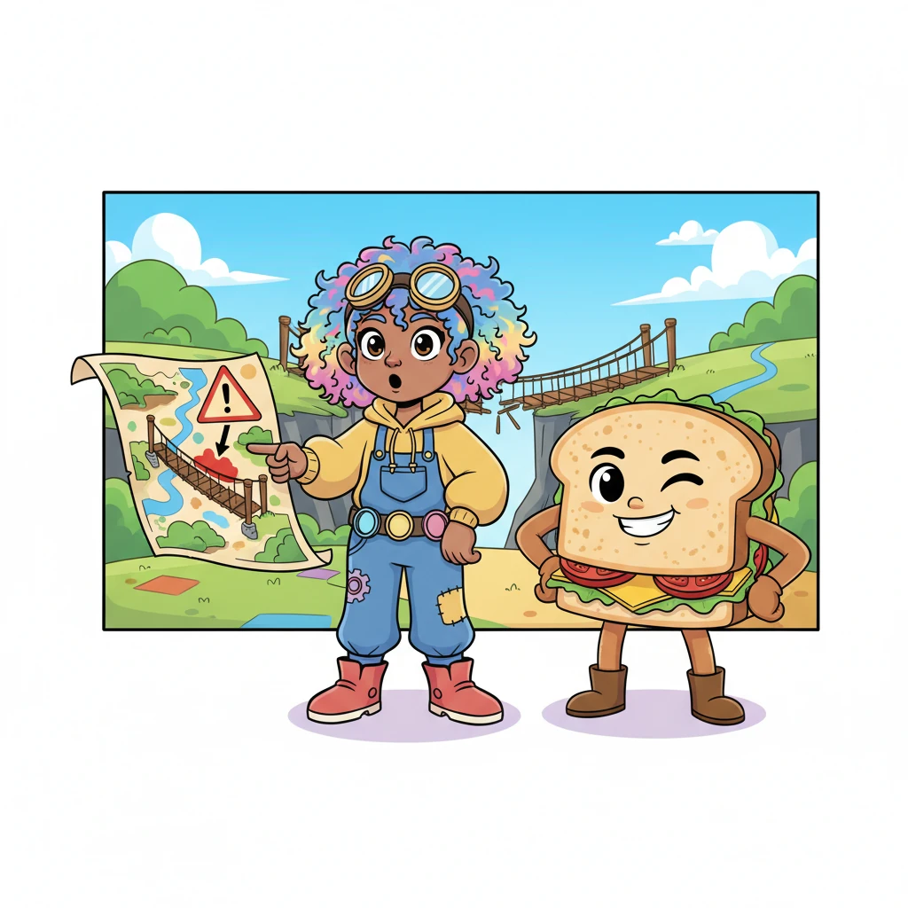 A colorful map unfurls from Mornie's side, highlighting a rickety, broken bridge ahead, with a stark "Impact Risk" sign pointing right at it. Sammy the Sandwich, with his soft, layered body, beams a confident smile, knowing exactly what to do.