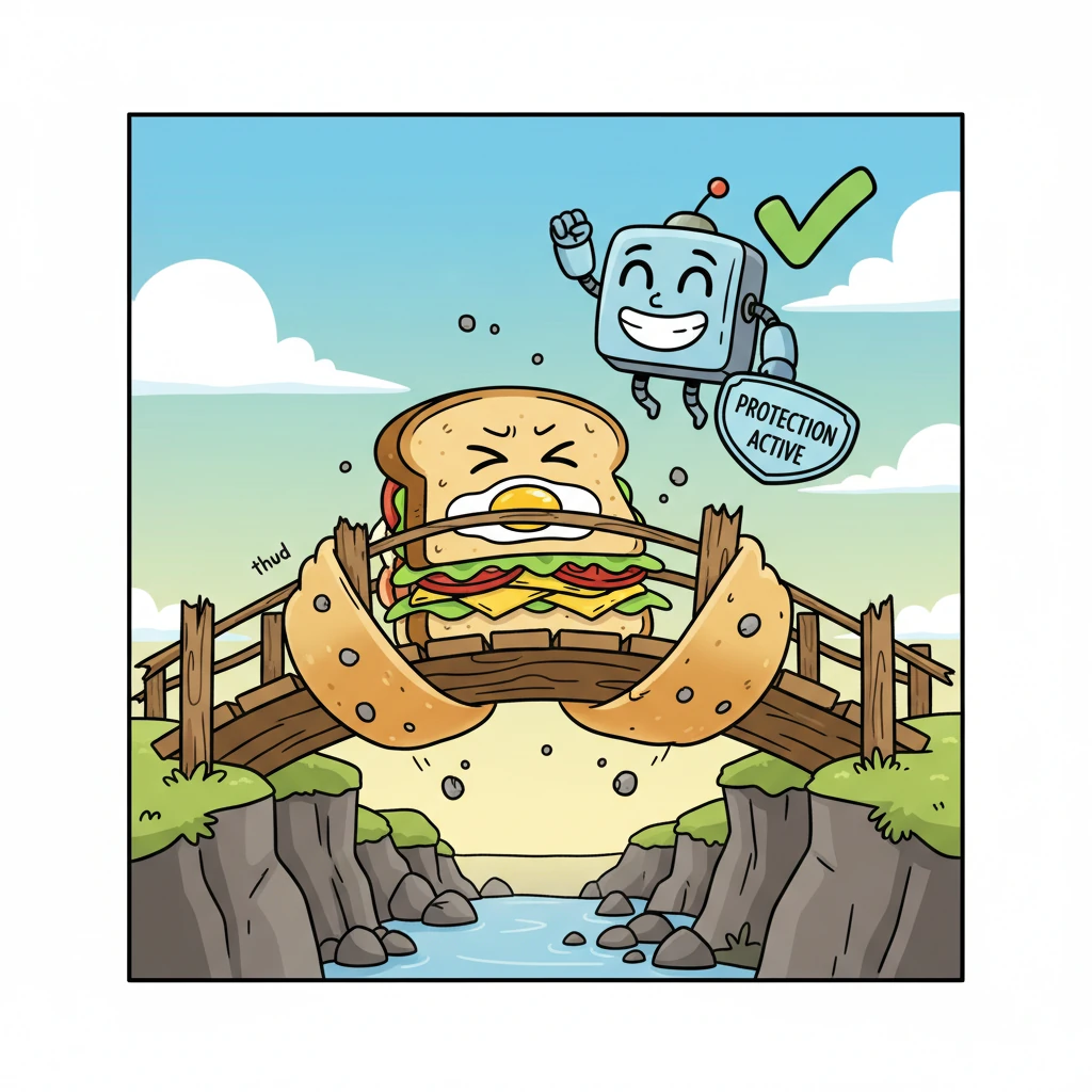 Sammy the Sandwich, a master of cushioning, gently spreads his soft, fluffy, layered body around the weak, splintered edges of the shaky bridge. When a few small stones tumble down, Sammy's bread layers absorb the "THUD!" without a scratch, and Mornie proudly declares "✔ PROTECTION ACTIVE".