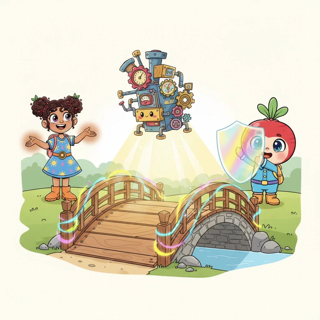 With all three powers in place, Mornie the Machine now glows with a steady, cheerful light, its systems humming perfectly. The previously shaky bridge ahead is magically transformed, now solid and safe, thanks to Rosy's grounding, Pip's energy, and Sammy's protective layers.