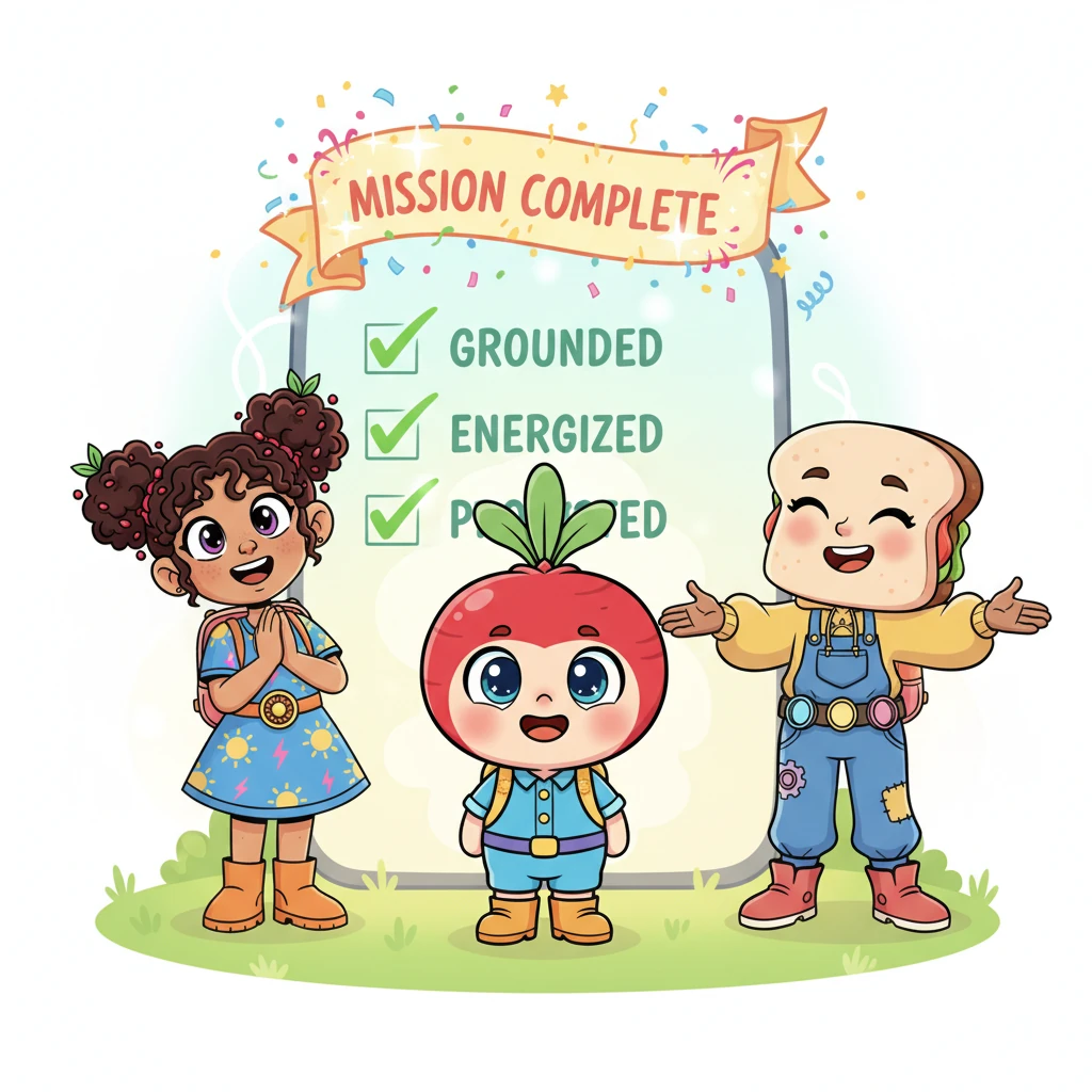 Mornie's screen shines brightly with three triumphant green checks: "✔ GROUNDED", "✔ ENERGIZED", and "✔ PROTECTED"! A giant, sparkling banner unfurls, proclaiming "🎉 MISSION COMPLETE 🎉". Rosy the Radish, Pip the Pomegranate, and Sammy the Sandwich stand together, beaming with pride in front of their fully powered, glowing friend.