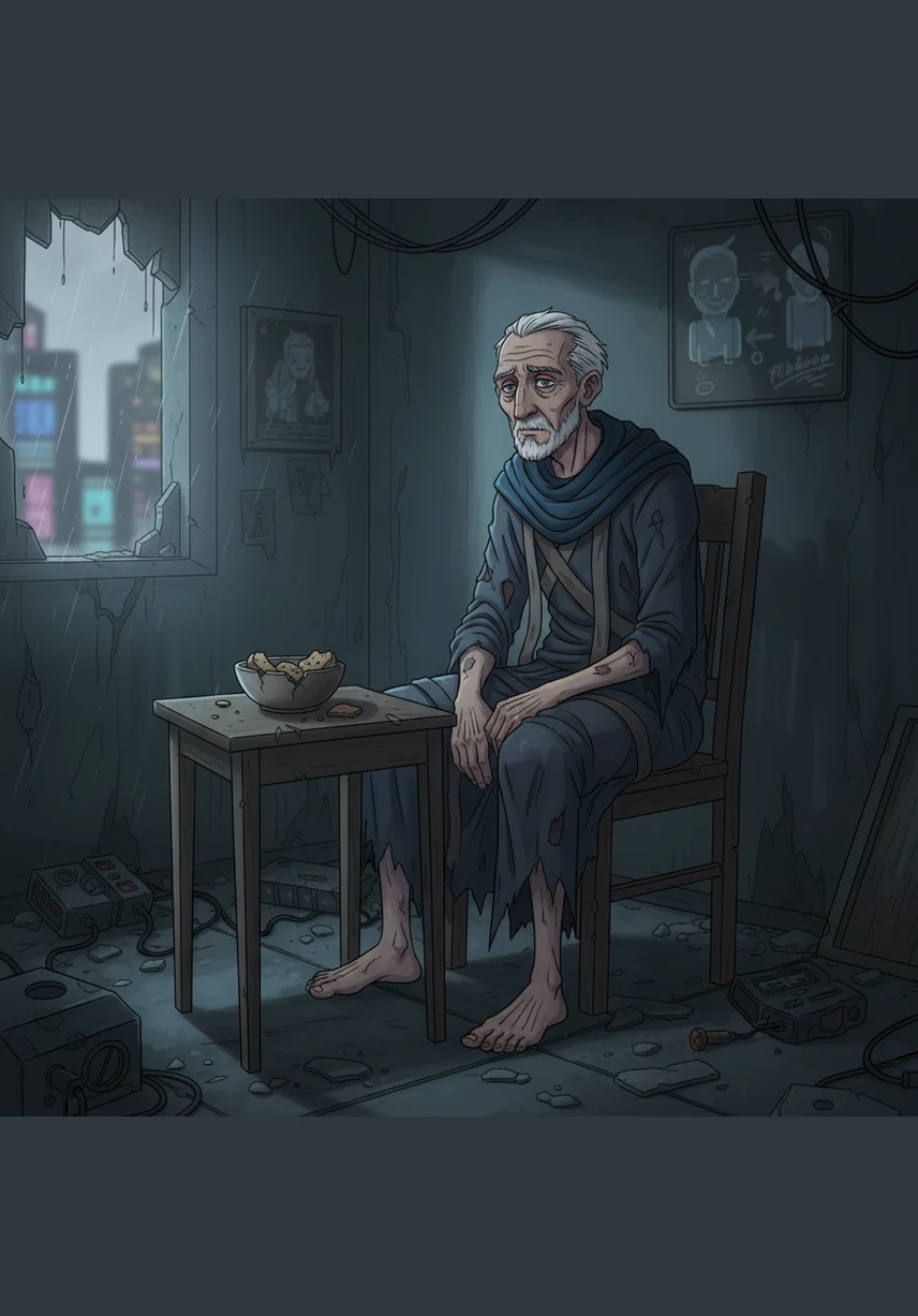 Despite his pride, Salim was very poor and had neither enough to eat nor warm clothes to wear. He sat in his cold, crumbling house looking sad and depressed, staring at a nearly empty table with only a few scraps of food.