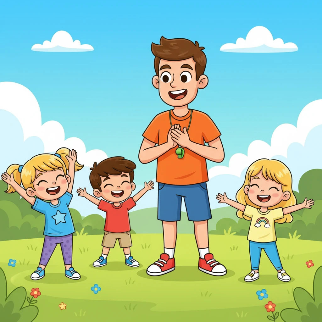 Coach Leo, their trusted friend and playmate, greeted them with a big, enthusiastic grin. He led them through some silly, exaggerated warm-up stretches, making them giggle as they reached for the sky like giant trees and wiggled their arms like floppy noodles. The air buzzed with excitement, promising an afternoon full of playful challenges.