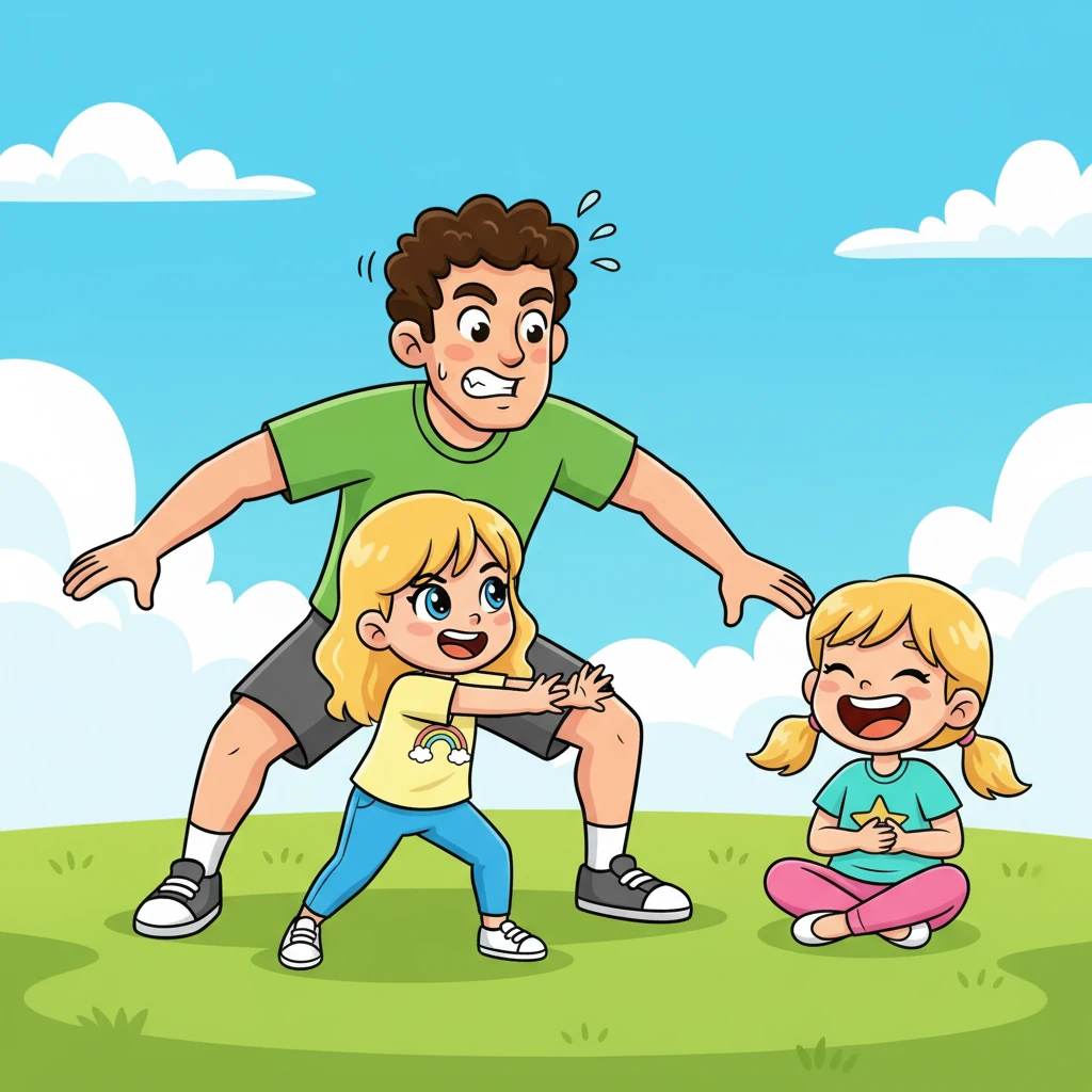 "First up, Lily!" Coach Leo boomed playfully, dropping into a low, ready stance. Lily, with a determined sparkle in her eyes, lunged forward, attempting to "wrestle" him with all her might. Coach Leo pretended to struggle dramatically, letting out funny grunts and groans that made Daisy burst into peals of laughter from the sidelines.