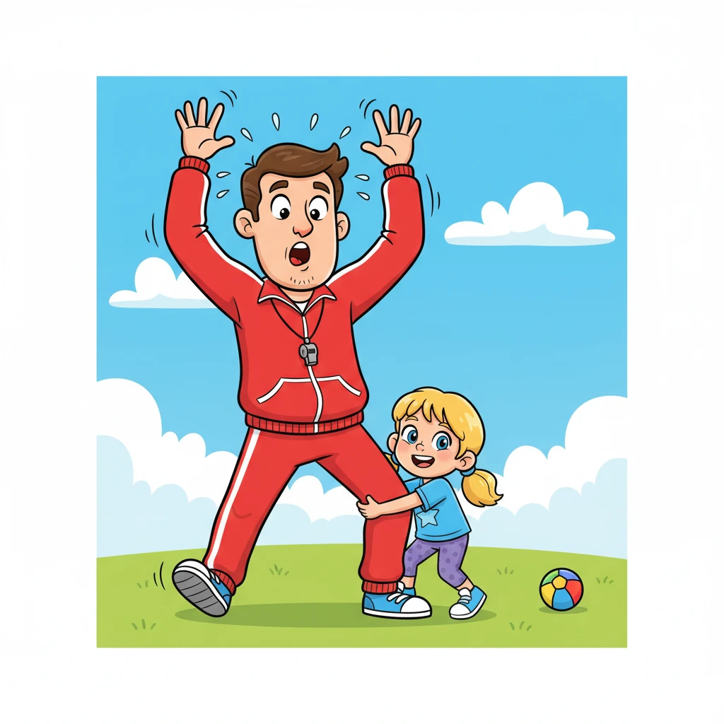 Then it was Daisy's turn, and she bounced into action with boundless energy. She wrapped her small arms around Coach Leo's leg, trying her best to unbalance him. Coach Leo swayed and wobbled with great exaggeration, making it seem like Daisy's tiny efforts were creating huge tremors.