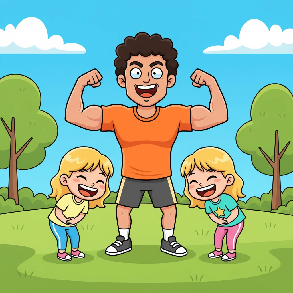 Suddenly, Coach Leo let out a mighty, pretend roar, flexing his muscles with comical exaggeration as if he were an unbeatable mountain. He dramatically lifted his arms, making silly monster faces that sent both girls into fits of giggles. They loved how he made every move feel like a grand, theatrical performance.