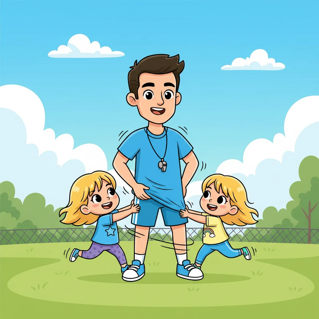 "Teamwork!" Lily declared, and both sisters charged at Coach Leo, giggling as they tried to tackle him from opposite sides. They pulled at his t-shirt and pushed at his legs, a whirlwind of golden hair and bright leggings. Coach Leo spun around playfully, pretending to be caught in their powerful "trap."