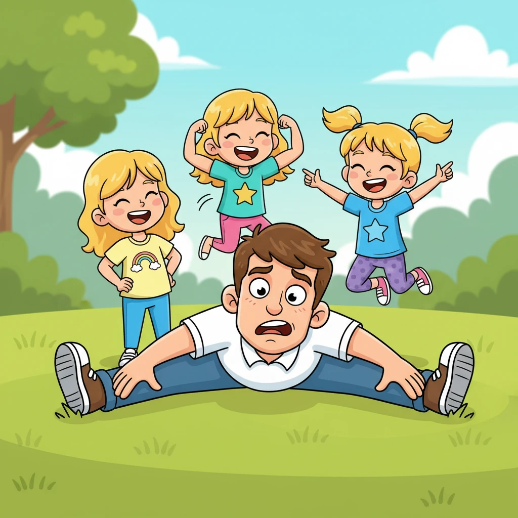 With a final, dramatic heave, Coach Leo playfully collapsed onto the soft grass, pretending to be completely overwhelmed by the girls' combined strength. He lay there, arms and legs akimbo, with a hilariously defeated expression on his face. The girls shrieked with delight at their apparent victory.