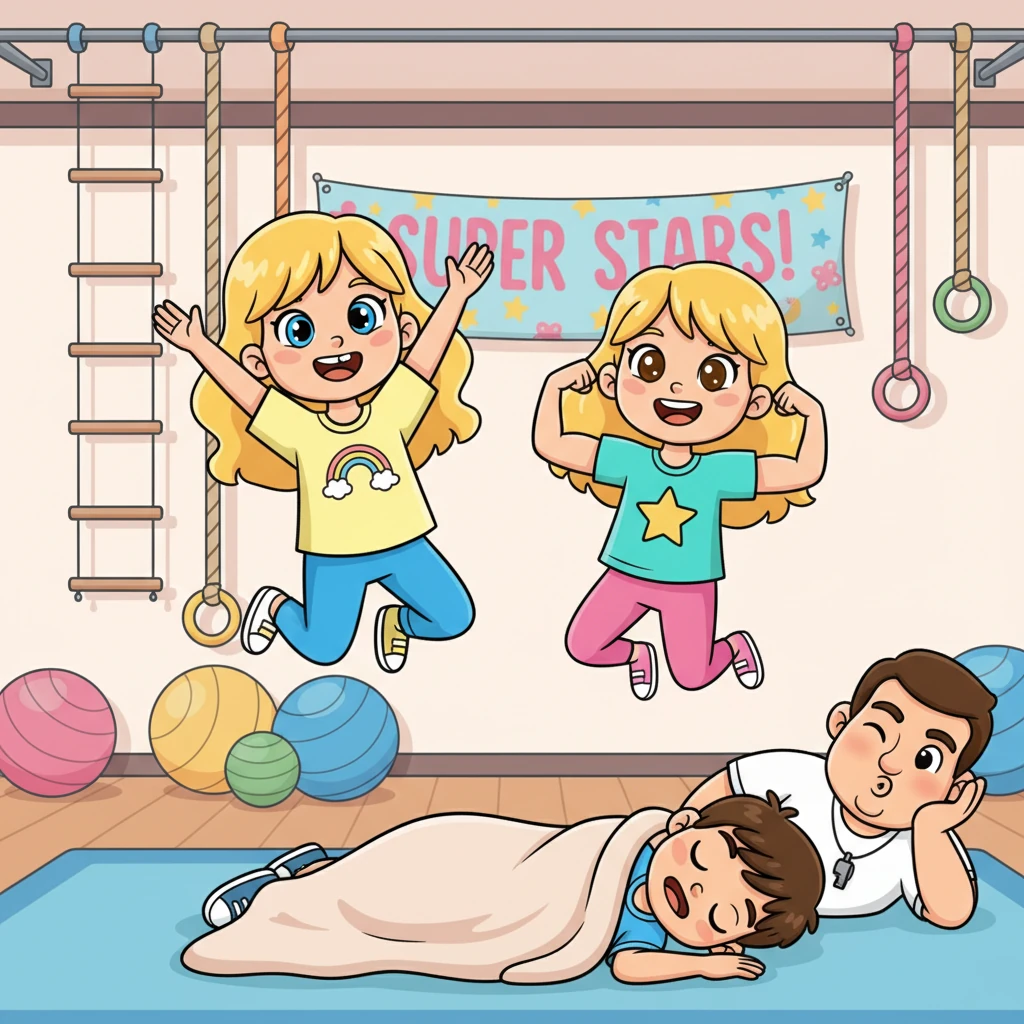 Lily and Daisy stood triumphant over their "defeated" opponent, throwing their arms up in the air and cheering loudly. They jumped up and down, their golden hair bouncing, feeling like the strongest wrestlers in the whole wide world. Coach Leo, peeking from under his arm, gave them a secret wink.