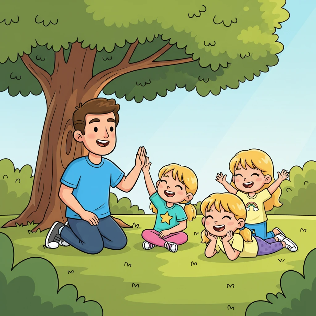 After their epic "wrestling match," everyone sprawled on the grass, a little tired but overflowing with happiness. Coach Leo gave them high-fives, praising their "super strength" and "amazing moves." The warm sunlight dappled through the leaves, creating a cozy, peaceful atmosphere for their cool-down.