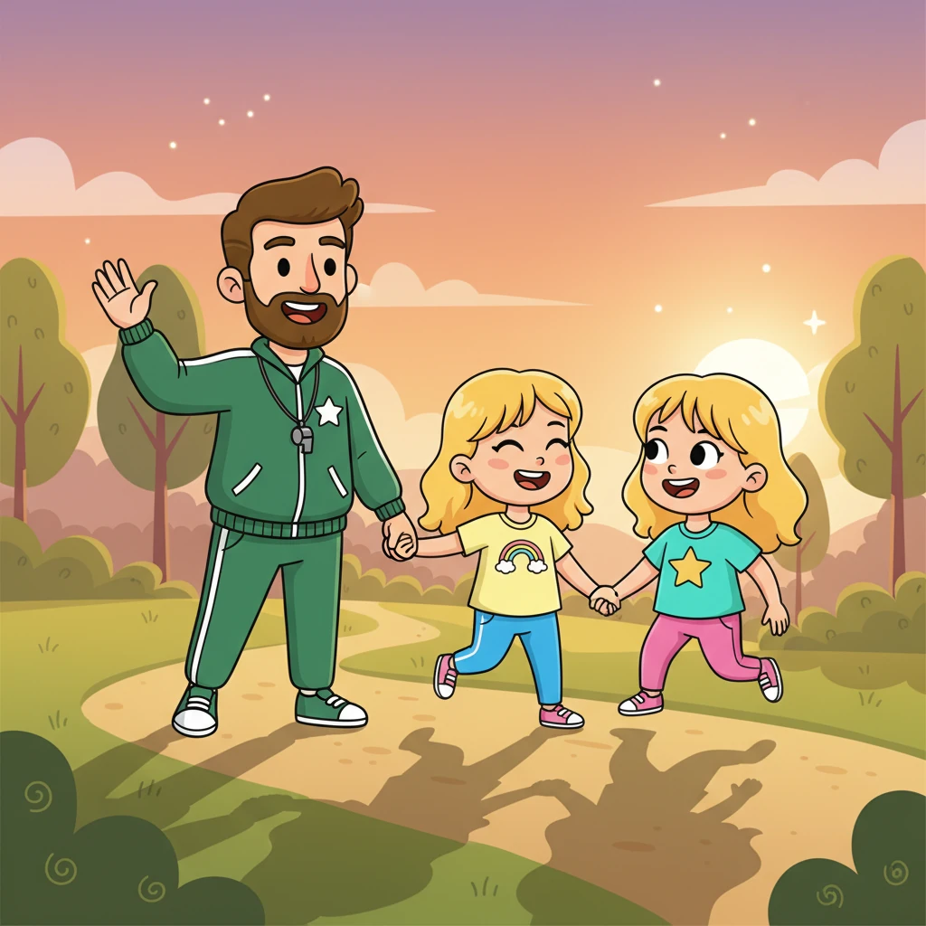 As the sun began to dip, casting long, golden shadows, it was time to say goodbye. Coach Leo waved cheerfully, promising more tumble-and-giggle games next time. Lily and Daisy skipped home, already dreaming of their next playful adventure, their hearts full of joy and their spirits bright.