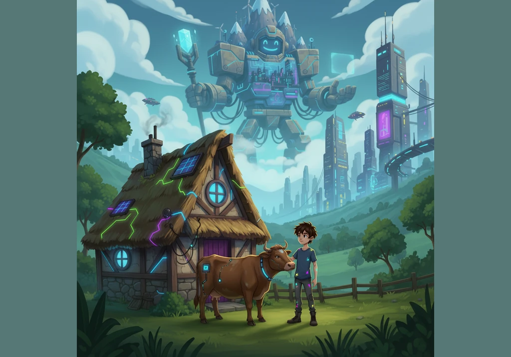 Jack lived with his mother in a humble, thatched-roof cottage nestled in a green valley. Their only possession of value was a gentle brown cow, whose