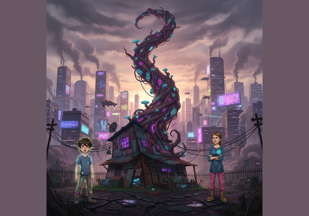 The next morning, a shadow fell over the house as a massive, twisted beanstalk reached toward the heavens. Its thick green vines and enormous leaves d