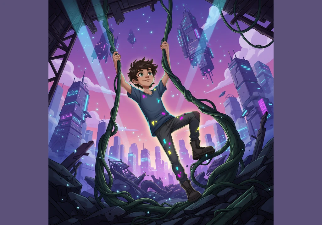 Driven by a spirit of adventure, Jack gripped the sturdy vines and began his long ascent. He climbed past the birds and the treetops, higher and highe