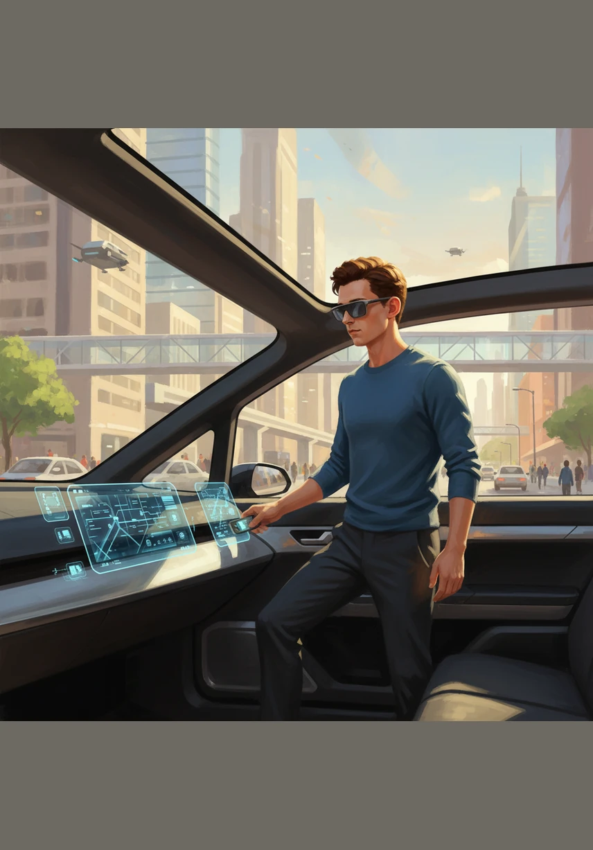 Alex steps into a sleek, sun-drenched modern showroom filled with minimalist white pedestals and high-end tech. Wearing a pair of stylish Snap Spectacles, Alex looks around as soft morning light illuminates the clean architectural lines of the space.