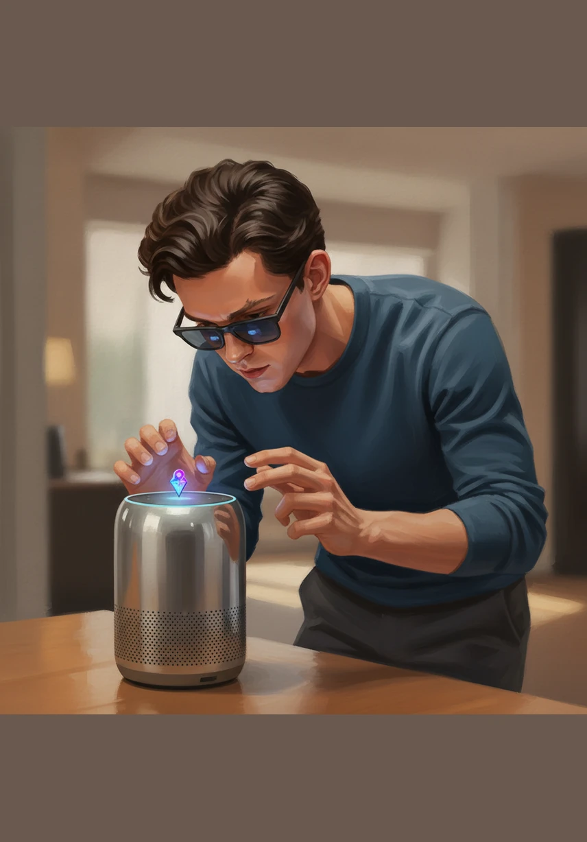 On a smooth, metallic smart speaker, Alex notices a tiny, glowing 3D pin resting quietly on the surface. It is a subtle, pulsing point of light that hints at a hidden layer of information waiting to be discovered.