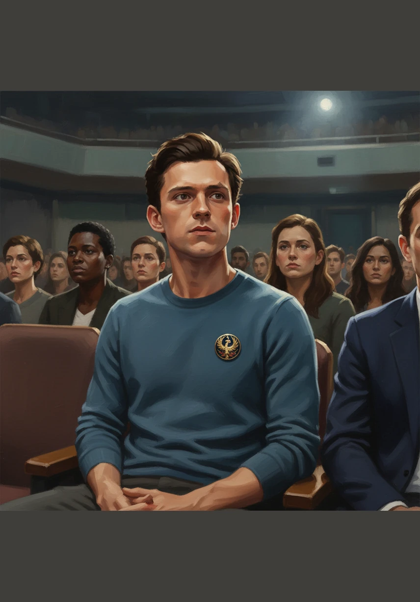 As Alex focuses their gaze on the speaker, the small pin senses the attention and begins to emit a soft, ethereal halo. The pin scales up slightly in size, becoming more prominent and inviting a closer look.