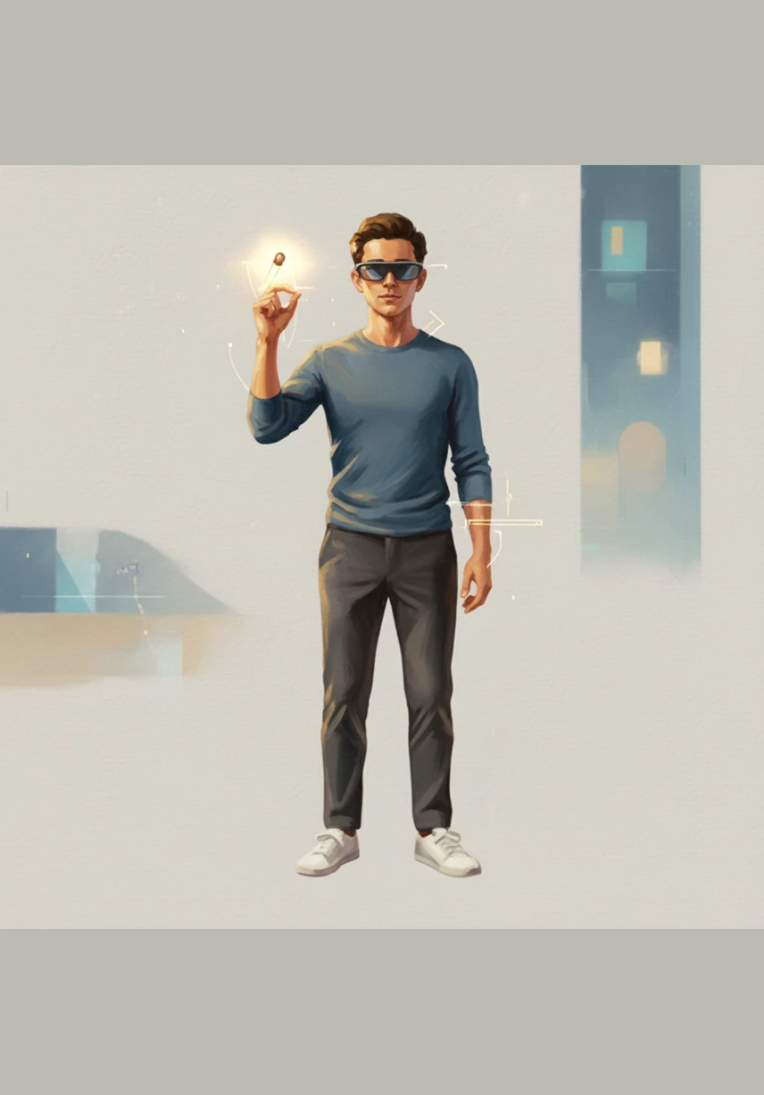 Alex reaches out a hand towards the glowing pin, the movement captured perfectly by the sensors in the glasses. The bright, minimalist environment remains calm as the digital and physical worlds prepare to merge.