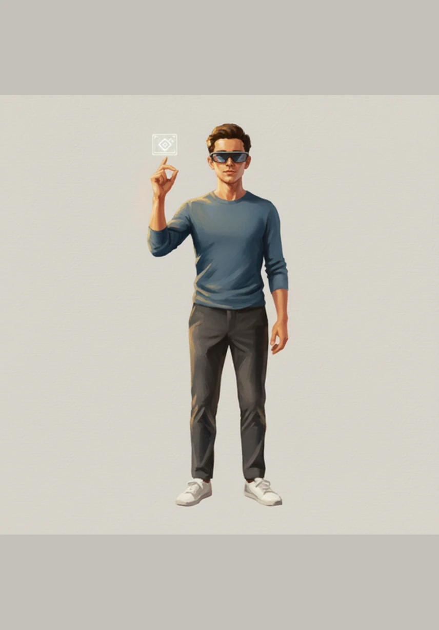 With a precise and fluid pinch gesture, Alex’s thumb and forefinger meet in the air just above the speaker. A tiny spark of light triggers the activation, signaling that the digital content is about to unfold.