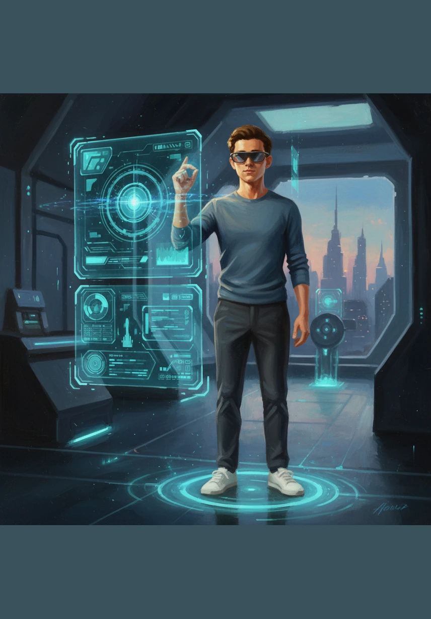 Alex browses the floating information, which includes technical specifications and design notes in a crisp, translucent font. The interface is minimal and unobtrusive, ensuring the beauty of the physical product remains the center of attention.