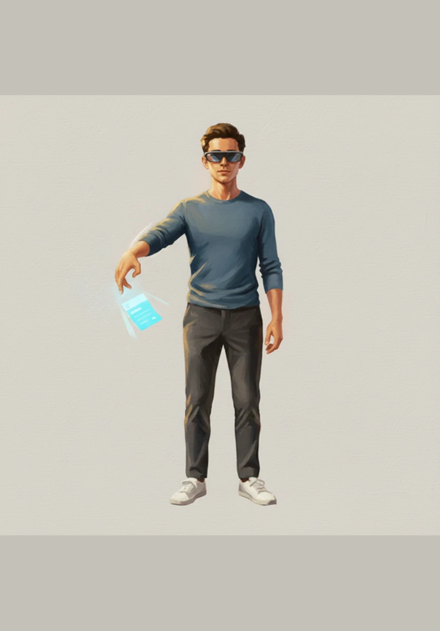 After reading the details, Alex performs a quick, intuitive collapse gesture with a flick of the wrist. The rectangular AR note immediately begins to shrink back down, responding with perfect synchronization to the hand movement.