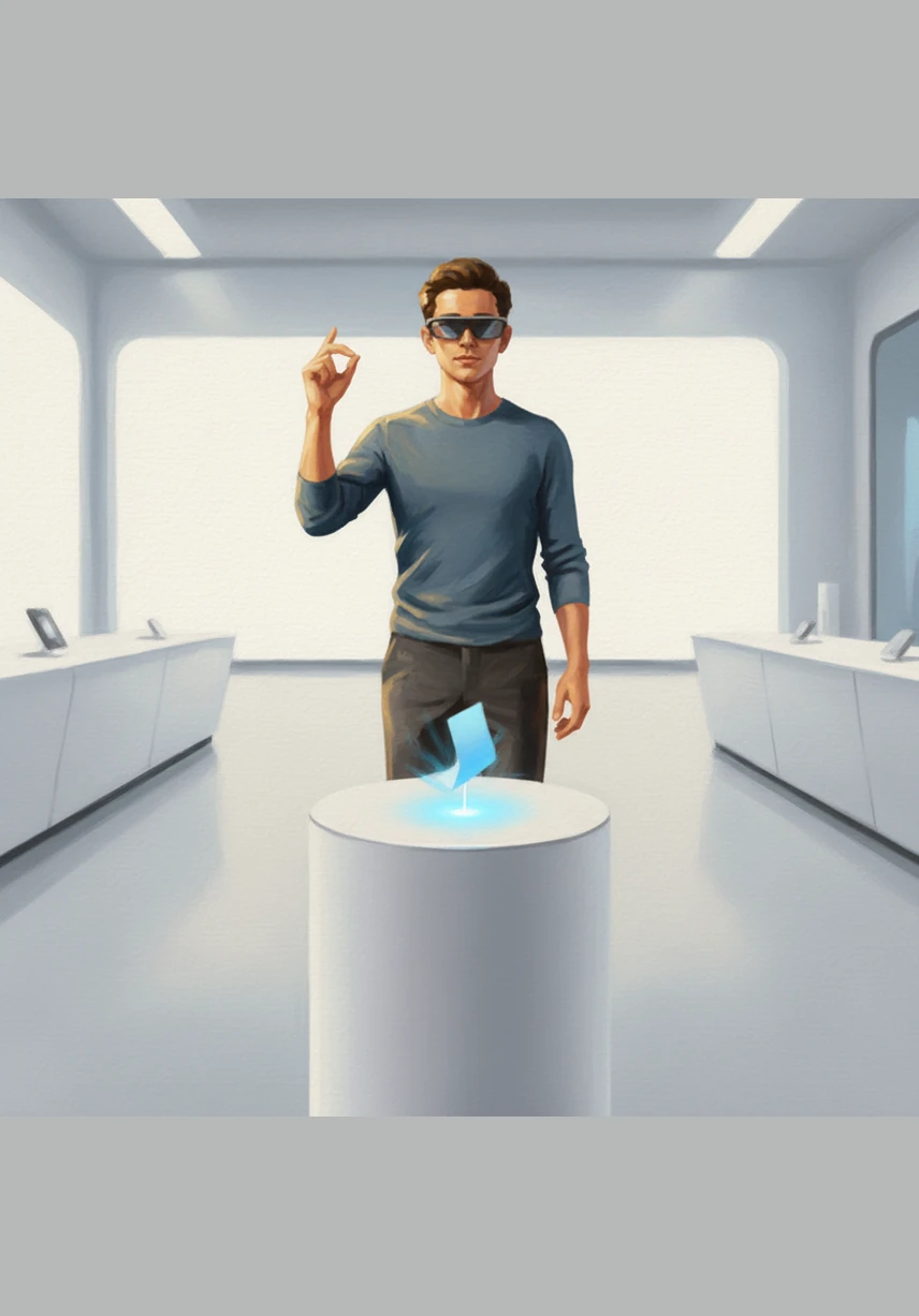 The digital note folds into itself and returns to its original state as a tiny, glowing 3D pin on the speaker’s surface. It settles back into its minimized form, once again becoming a subtle, glowing dot in the bright showroom.